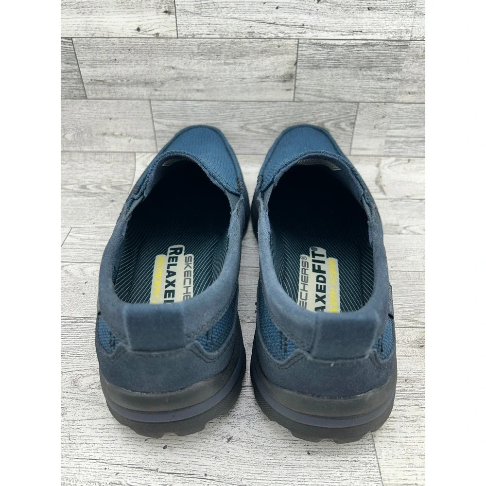 Skechers Relaxed Fit Men Sz 9.5 Navy Blue Leather Textile Slip On Loafers 64365‎